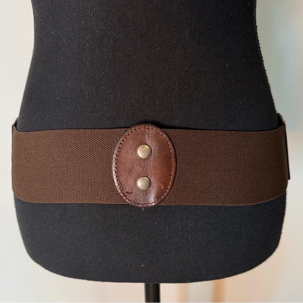 YIK FUNG Brown Leather Bow Front Elastic Snap Belt Wide Braided Vintage Y2K - Picture 6 of 11